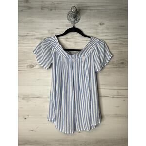 Old Navy Shirt Womens Small Blue White Striped Smocked Short Sleeve Rayon Boho